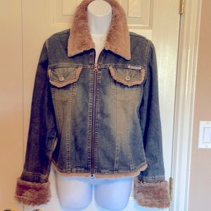 Anchor Blue Denim Jacket w/Faux Fur Collar & Cuffs, 2-Way Zipper, Size-L